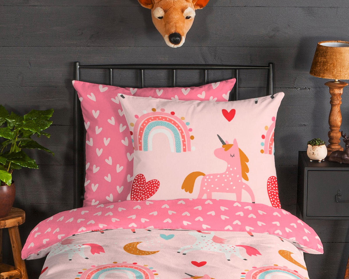 JUGENDBETTWÄSCHE Unicorn Biber 135/200 cm  - Rot/Rosa, Design, Textil (135/200cm)