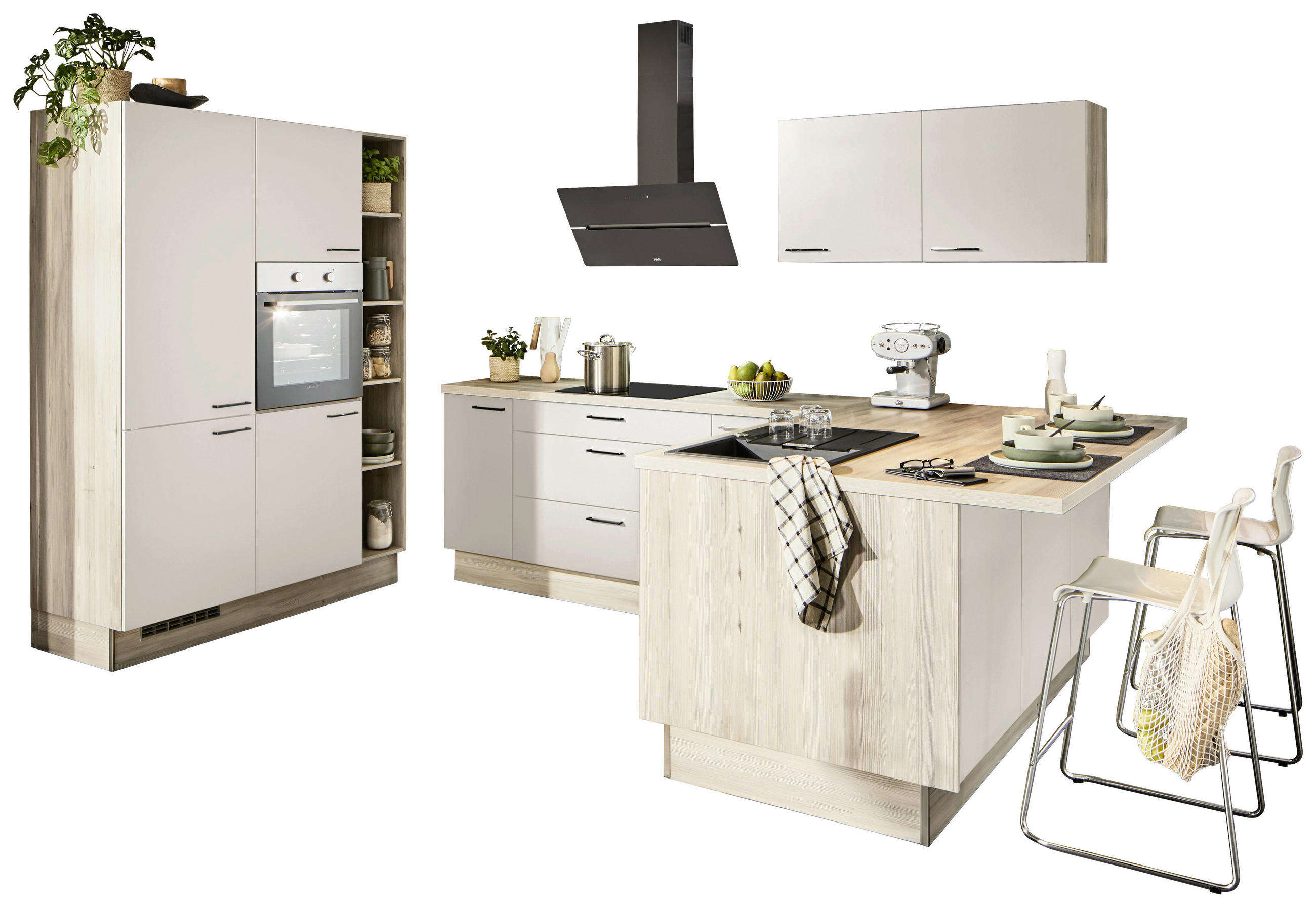 ECKKÜCHE XO 21  in Kaschmir, Tannenholzfarben  - Kaschmir/Tannenholzfarben, Design, Holzwerkstoff/Metall (150/280/121,6cm) - Xora