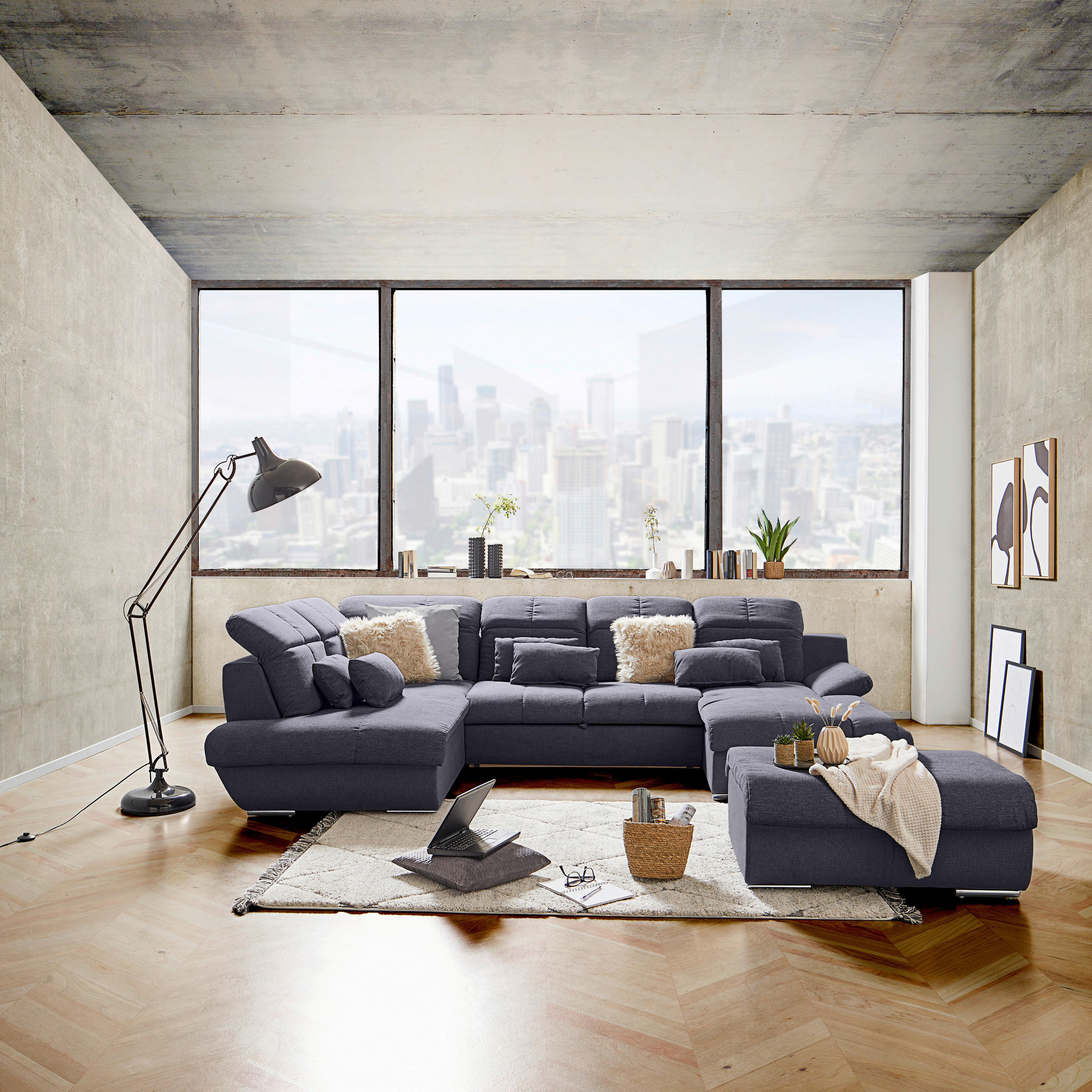 WOHNLANDSCHAFT Dunkelblau Mikrofaser  - Chromfarben/Dunkelblau, MODERN, Textil/Metall (228/345/184cm) - MID.YOU