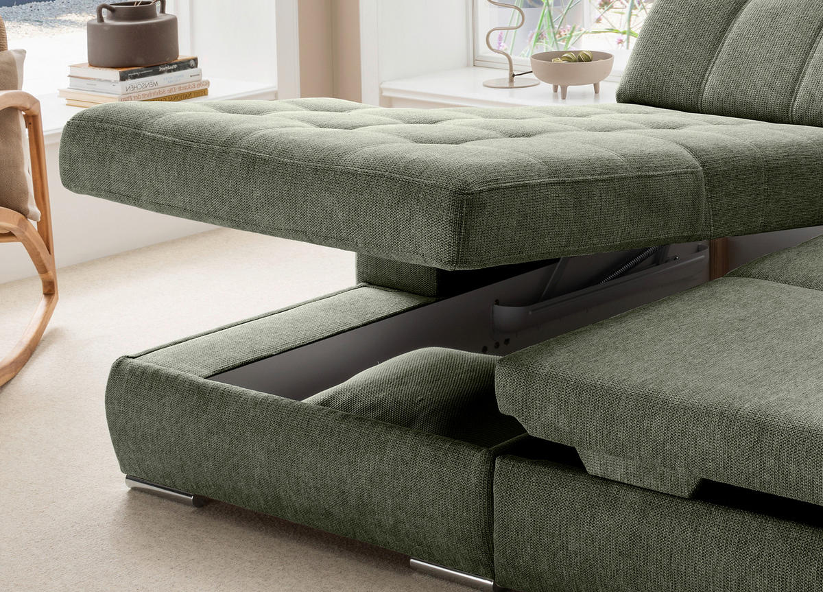 ECKSOFA Chenille Dunkelgrün  - Chromfarben/Dunkelgrün, Konventionell, Textil/Metall (186/283cm) - Livetastic