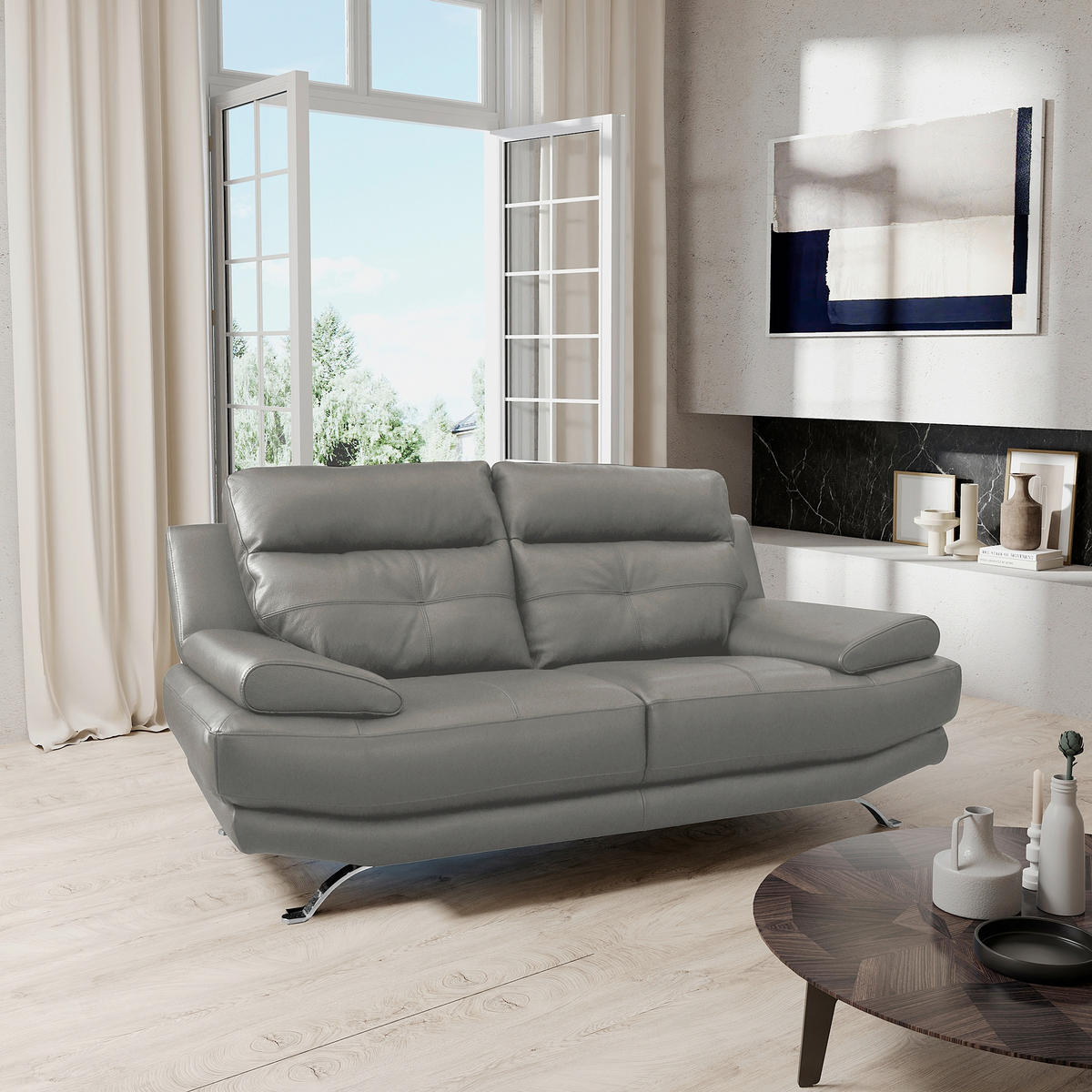 2-SITZER-SOFA Echtleder Grau  - Chromfarben/Grau, Design, Leder/Metall (185/92/99cm) - Livetastic
