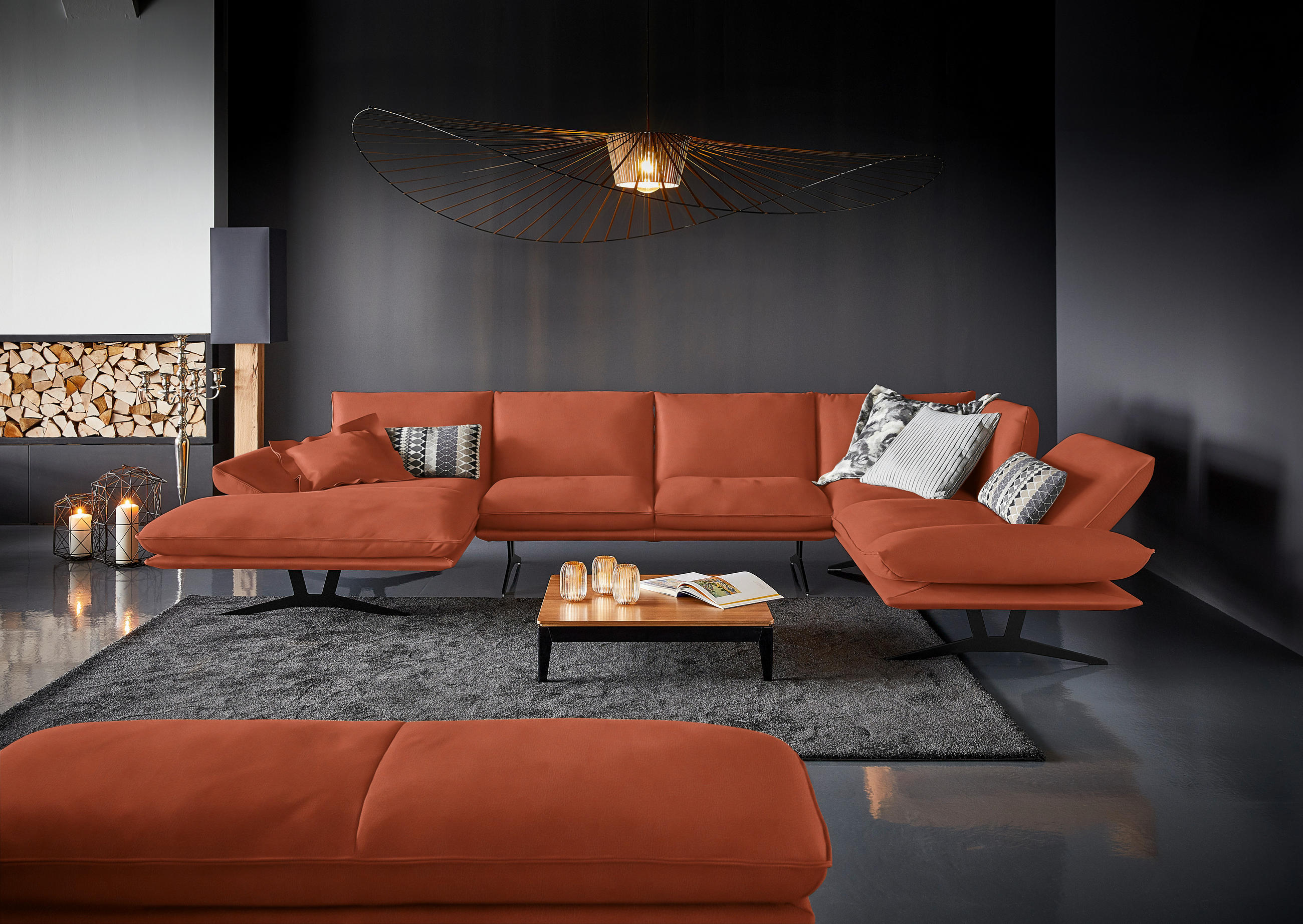 WOHNLANDSCHAFT in Echtleder Orange  - Schwarz/Orange, Natur, Leder/Metall (155/359/217cm) - Dieter Knoll