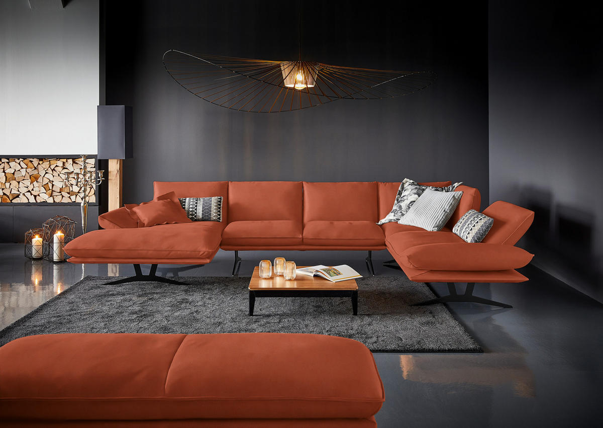 WOHNLANDSCHAFT in Echtleder Orange  - Schwarz/Orange, Natur, Leder/Metall (155/359/217cm) - Dieter Knoll