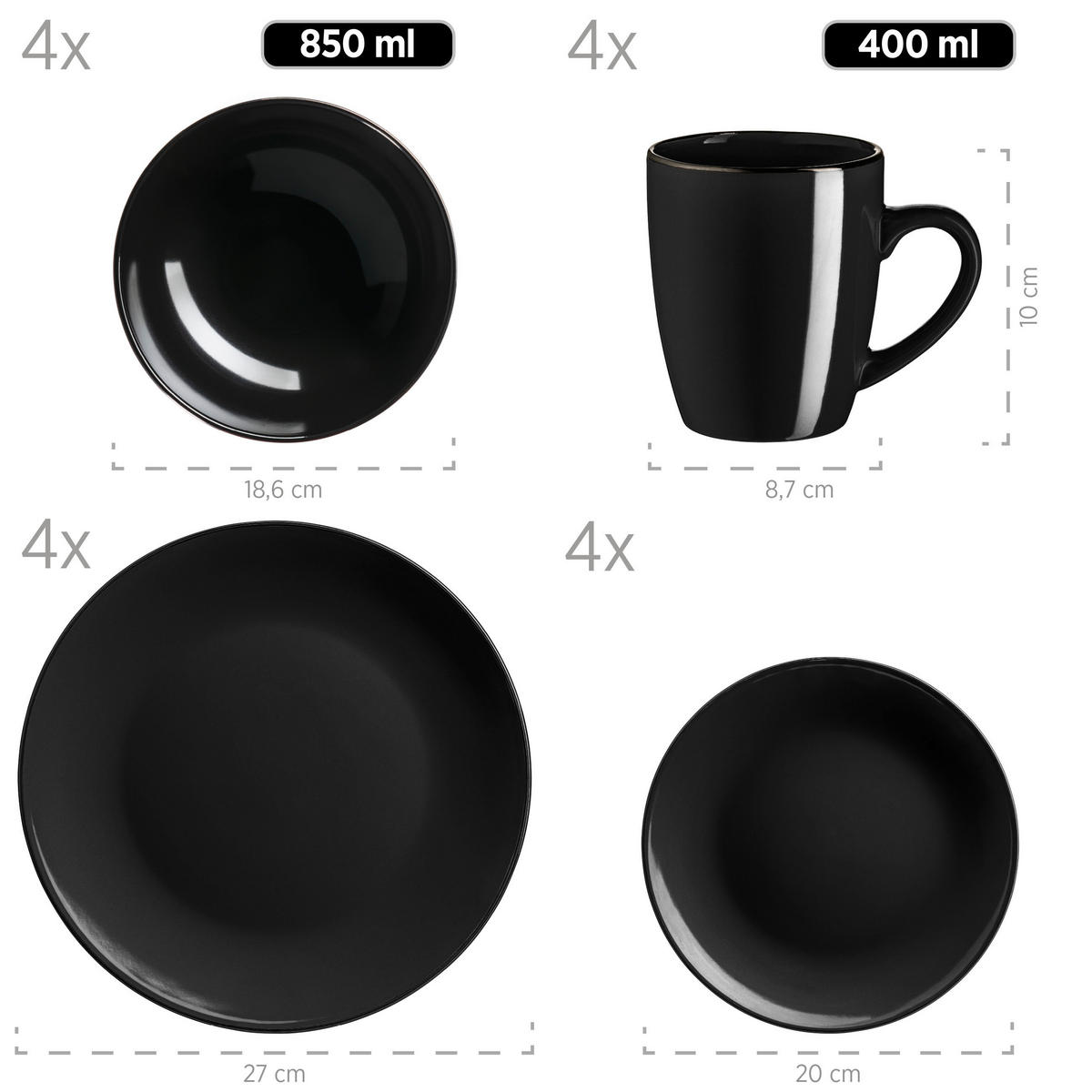 KOMBISERVICE Schwarz Metallic Rim 16-teilig 4 Personen  - Schwarz, Basics, Keramik - Mäser