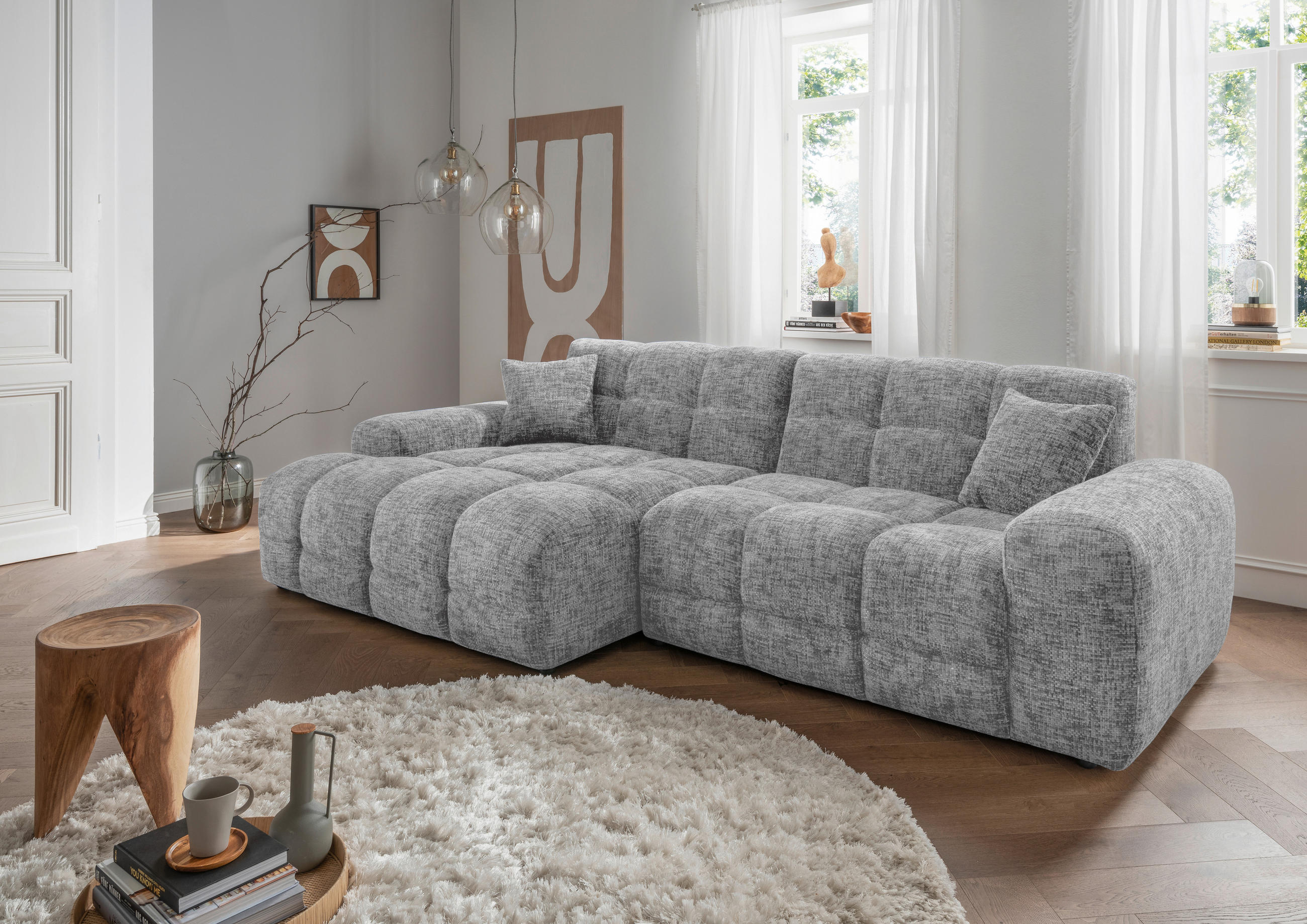 ECKSOFA in Struktur Silberfarben  - Silberfarben/Schwarz, Modern, Kunststoff/Textil (152/301cm) - Livetastic