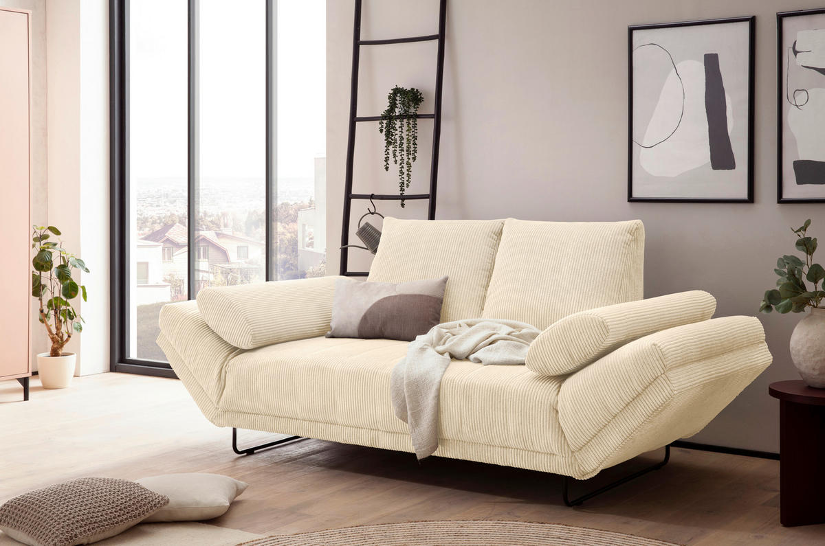 SCHLAFSOFA in Cord, Mikrofaser Creme  - Creme/Schwarz, Design, Textil/Metall (210/95/97cm) - MID.YOU