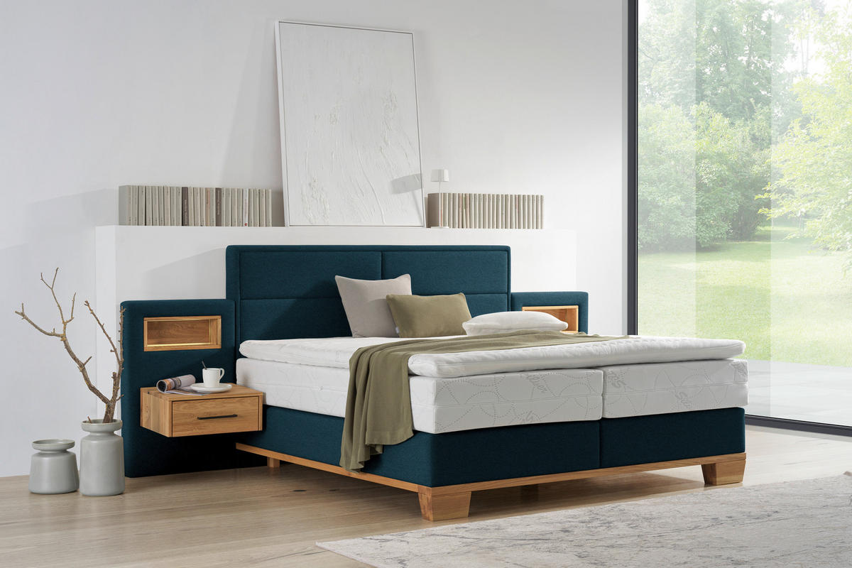BOXSPRINGBETT 180/200 cm,  in Eichefarben, Blau, Matratze, Topper, H3 = fest  - Blau/Eichefarben, Natur, Holz/Textil (180/200cm) - Valnatura