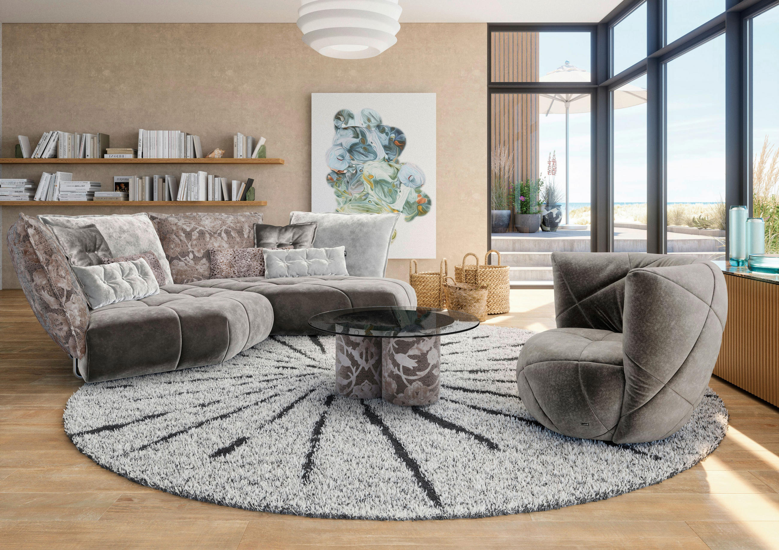 ECKSOFA in Velours Grau, Greige  330/223 cm  - Greige/Grau, Trend, Textil (330/223cm) - Bretz