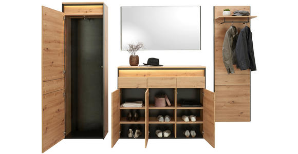 GARDEROBE 4-teilig  in 248/200/38 cm  - Schwarz/Eiche Artisan, KONVENTIONELL, Glas/Holzwerkstoff (248/200/38cm) - Voleo