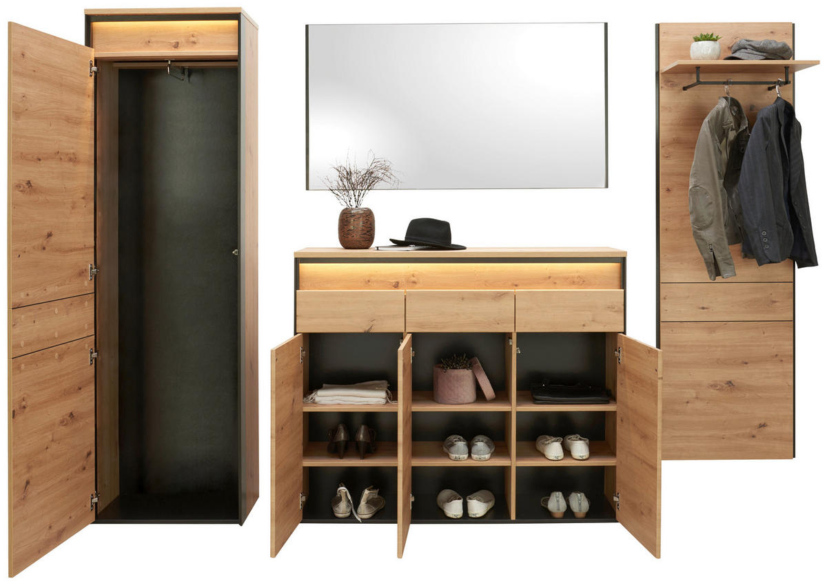 GARDEROBE 4-teilig  in 248/200/38 cm  - Schwarz/Eiche Artisan, KONVENTIONELL, Glas/Holzwerkstoff (248/200/38cm) - Voleo