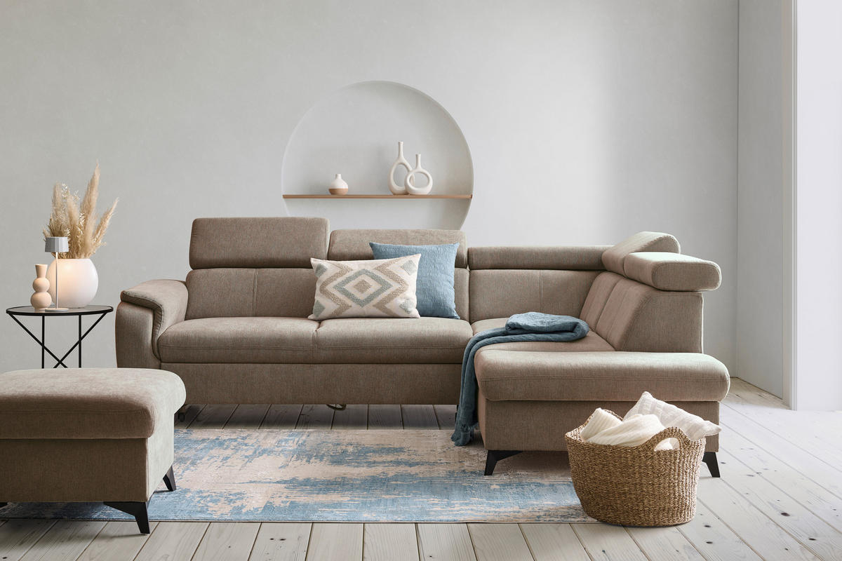 Ecksofa inkl. Funktionen in Chenille Braun, Schlammfarben  - Schlammfarben/Schwarz, Design, Textil/Metall (260/203cm) - Stylife