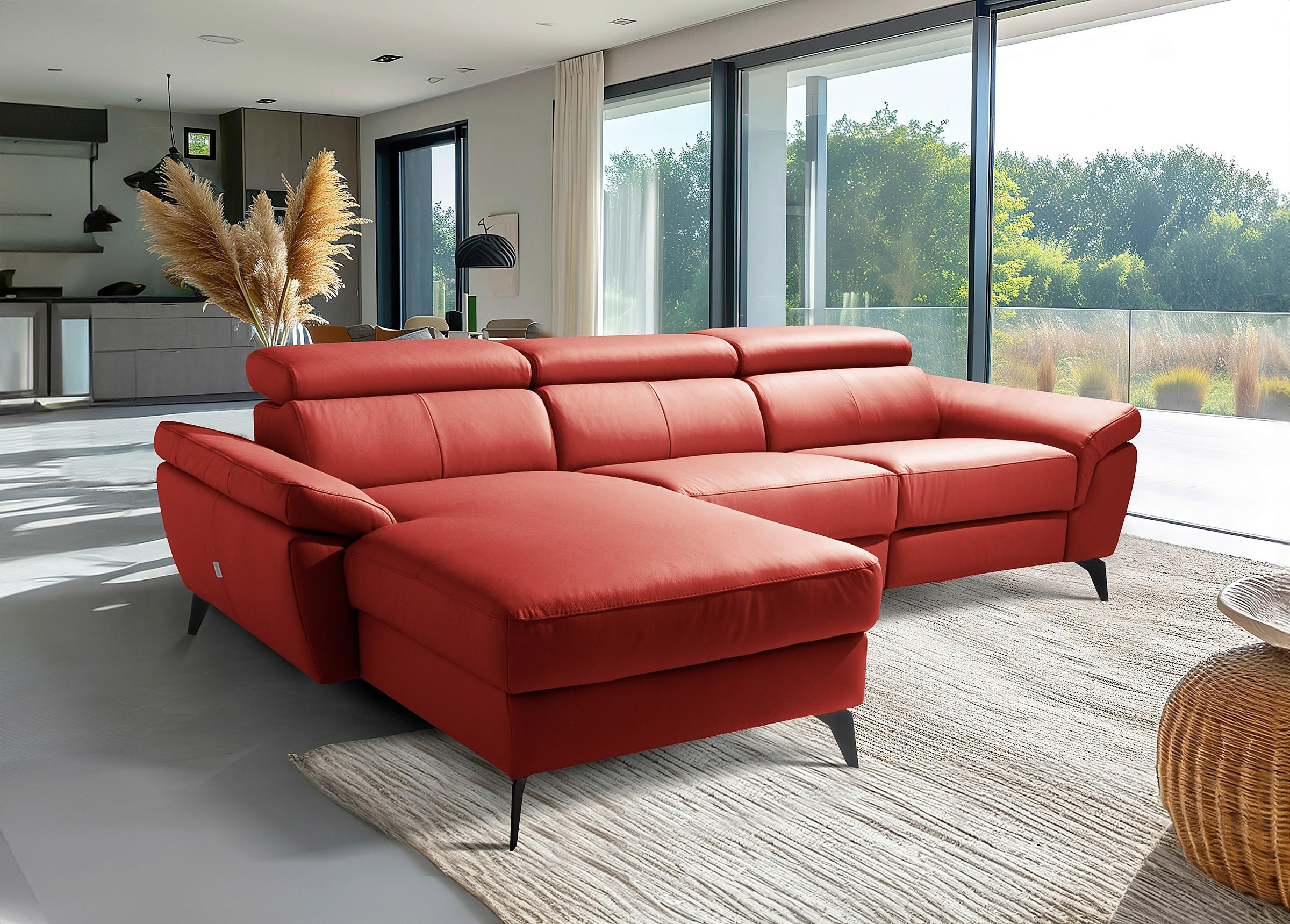 ECKSOFA SONO in Lederlook Echtleder Rot Armteilverstellung, Kopfteilverstellung  179/252 cm  - Rot/Schwarz, Design, Leder/Textil (179/252cm) - Livetastic