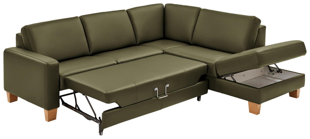 ECKSOFA in Echtleder Grün  - Eiche Bianco/Grün, Natur, Leder/Holz (257/235cm) - Valdera