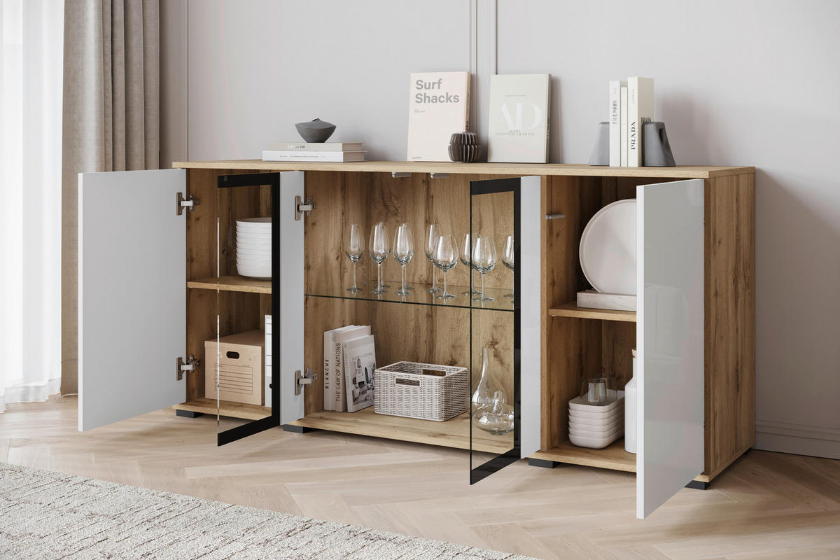 SIDEBOARD 150/69,7/39,5 cm  in Eiche Wotan, Weiss Hochglanz  - Weiss Hochglanz/Eiche Wotan, Design, Glas/Holzwerkstoff (150/69,7/39,5cm) - Livetastic