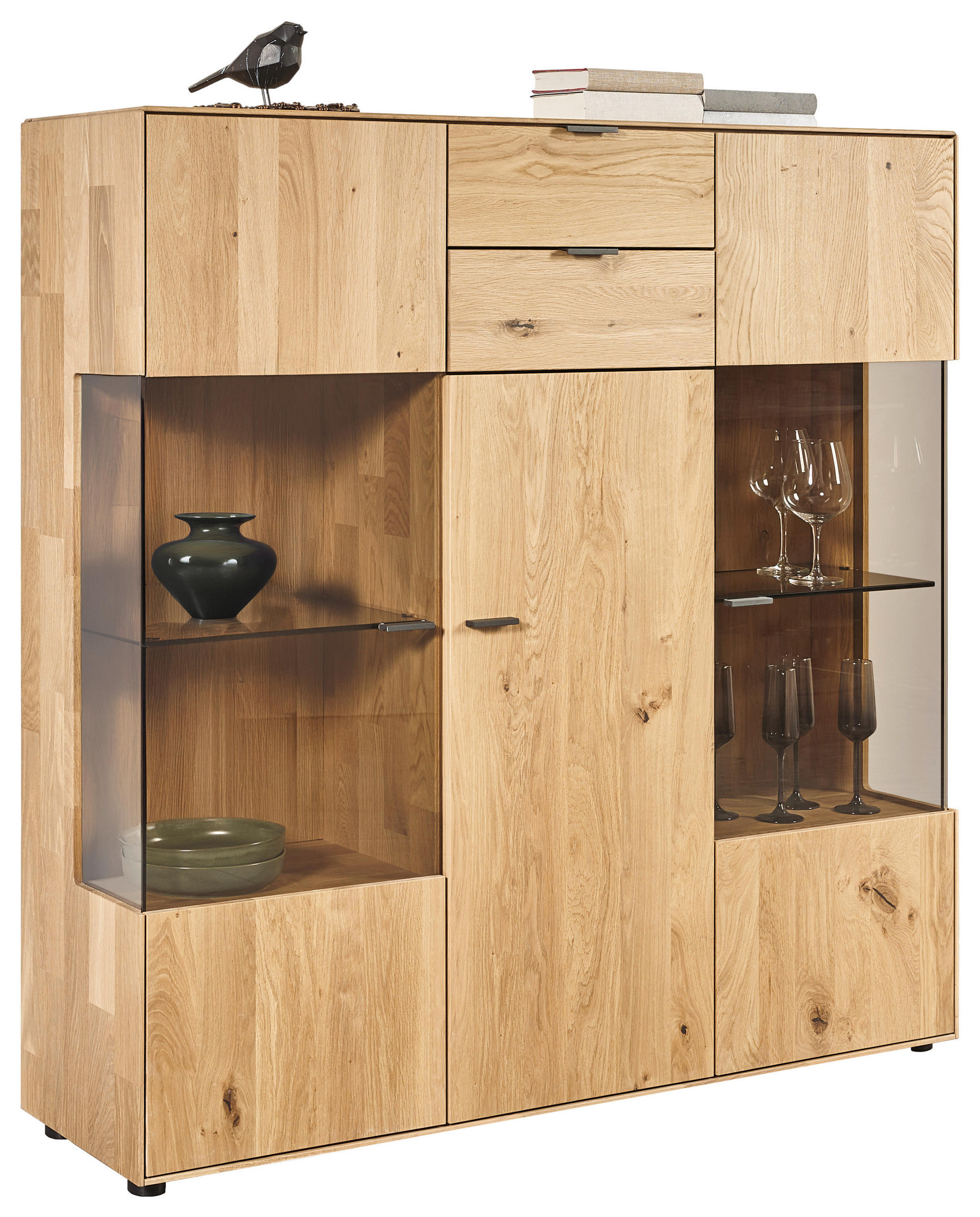HIGHBOARD Wildeiche  136,9/138,3/37,1 cm  - Wildeiche/Schwarz, Natur, Glas/Holz (136,9/138,3/37,1cm) - Valnatura