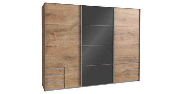 SCHWEBETÜRENSCHRANK 270/210/65 cm 3-türig Dunkelgrau, Plankeneiche - Plankeneiche/Eichefarben, KONVENTIONELL, Glas/Holzwerkstoff (270/210/65cm) - Carryhome