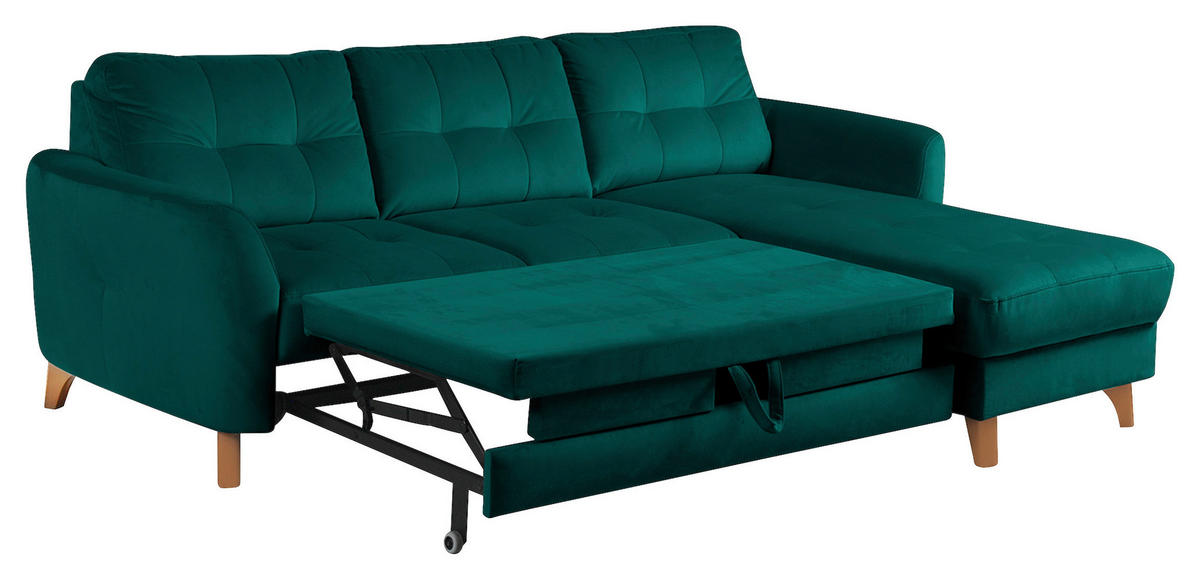ECKSOFA Petrol Samt Bettkasten, Schlaffunktion, Liegefläche im Originalstoff  - Buchefarben/Petrol, Design, Holz/Textil (238/168cm) - Livetastic