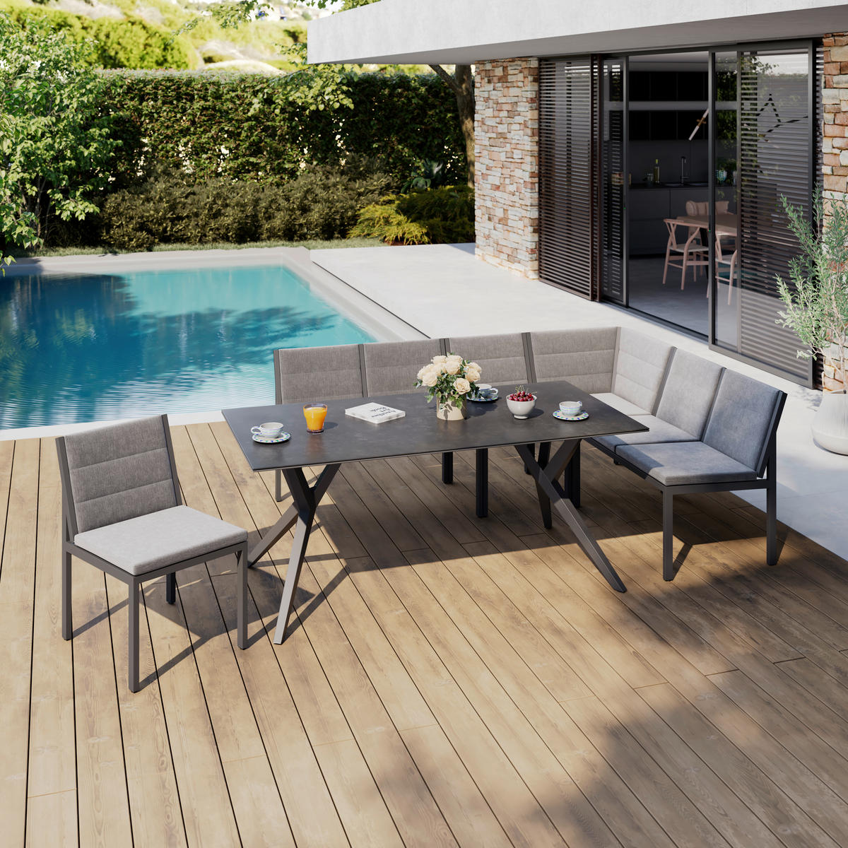 GARTENTISCH 180/90/75 cm Metall, Stein rechteckig  - Dunkelgrau/Anthrazit, MODERN, Stein/Metall (180/90/75cm) - Amatio