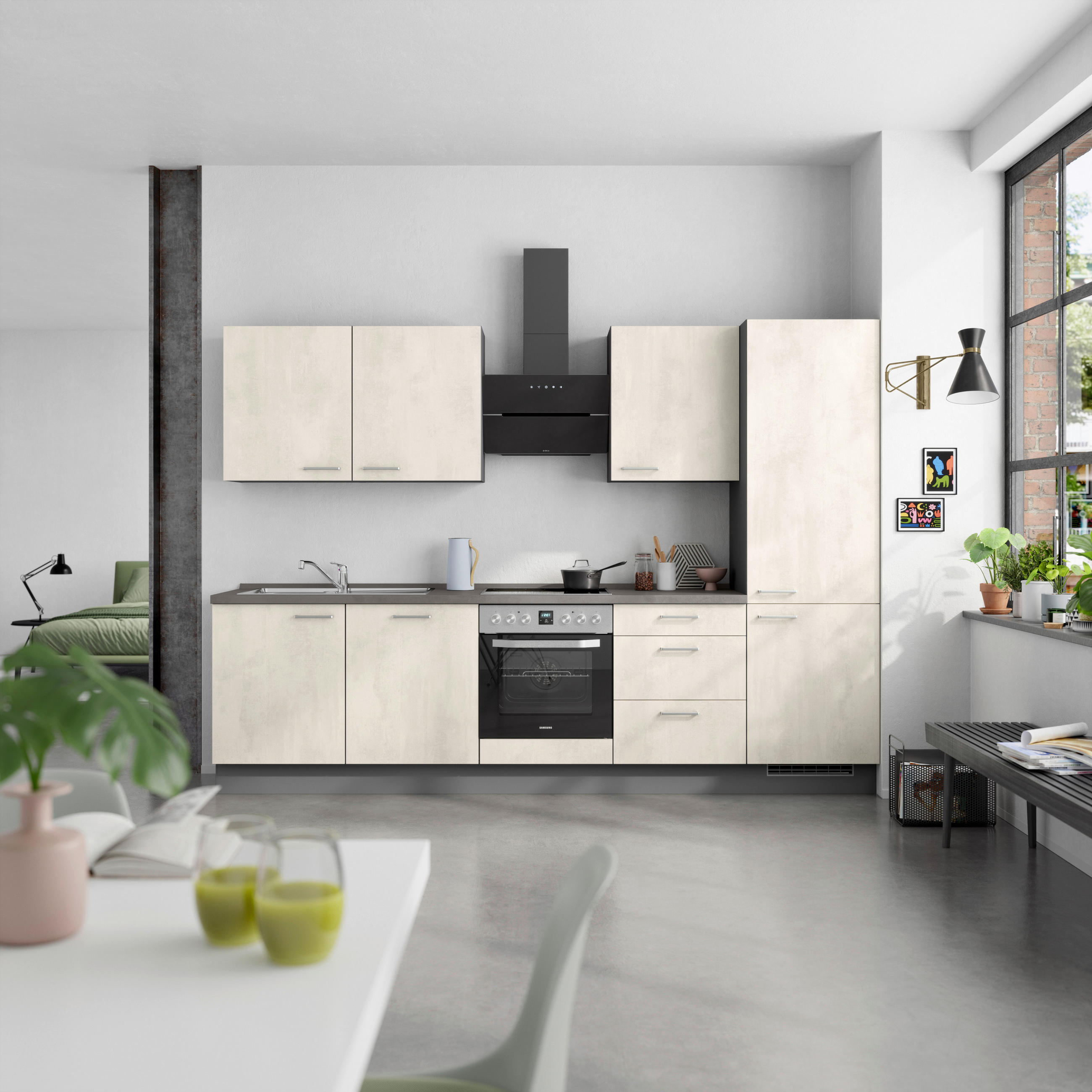KÜCHENBLOCK Riva 300 cm  in Weiß, Schieferfarben  - Schieferfarben/Edelstahlfarben, MODERN, Holzwerkstoff/Metall (300cm) - Nobilia