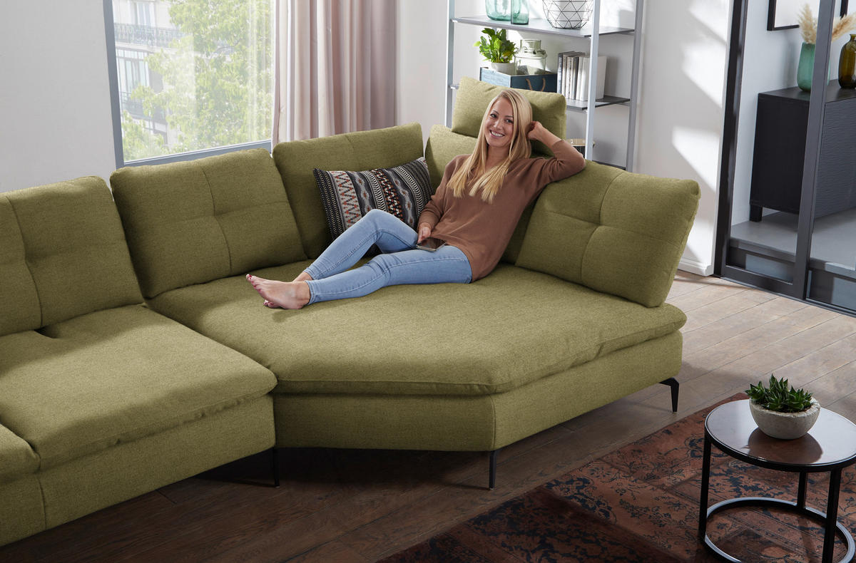 ECKSOFA in Flachgewebe Olivgrün  - Schwarz/Olivgrün, Design, Textil/Metall (344/157cm) - Chilliano