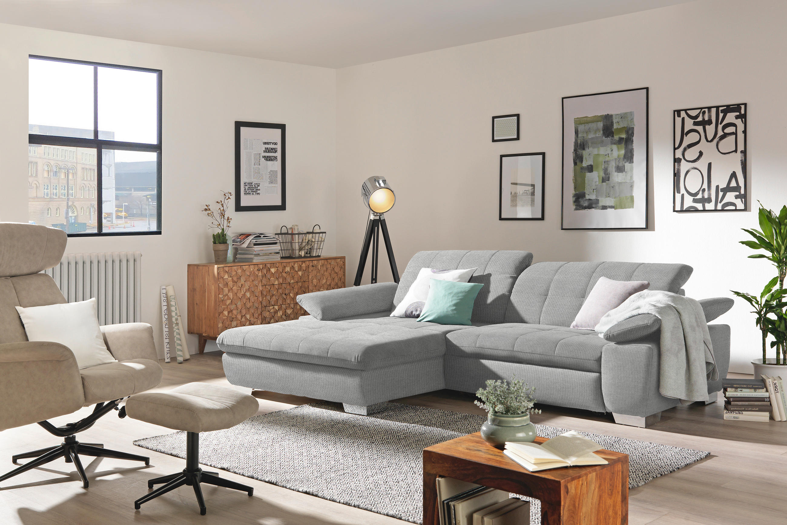 ECKSOFA in Mikrofaser Hellgrau  - Chromfarben/Hellgrau, Design, Textil/Metall (180/265cm) - Carryhome