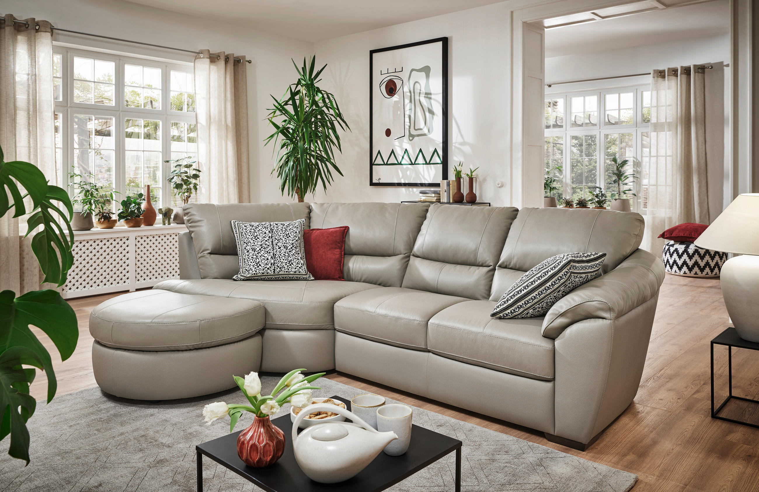 ECKSOFA in Kombination Echtleder/Lederlook Grau  - Wengefarben/Grau, Konventionell, Leder/Holz (194/273cm) - Livetastic