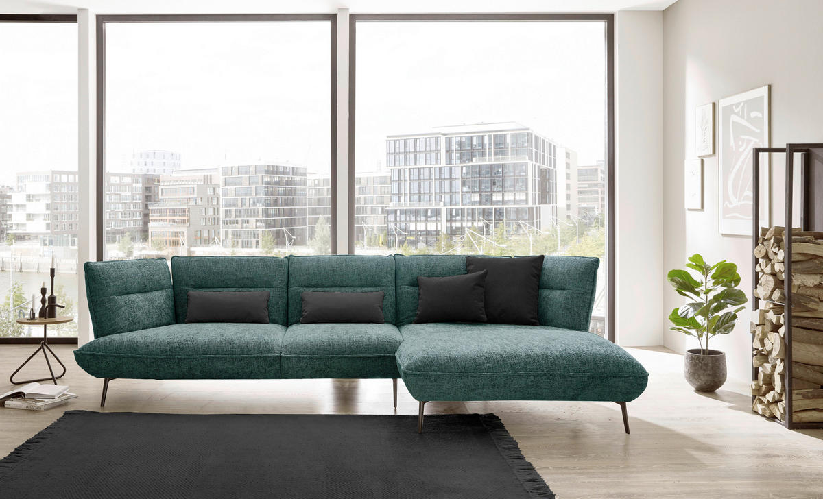 ECKSOFA in Flachgewebe Blau, Grün  - Blau/Schwarz, Design, Textil/Metall (339/153cm) - Moderano