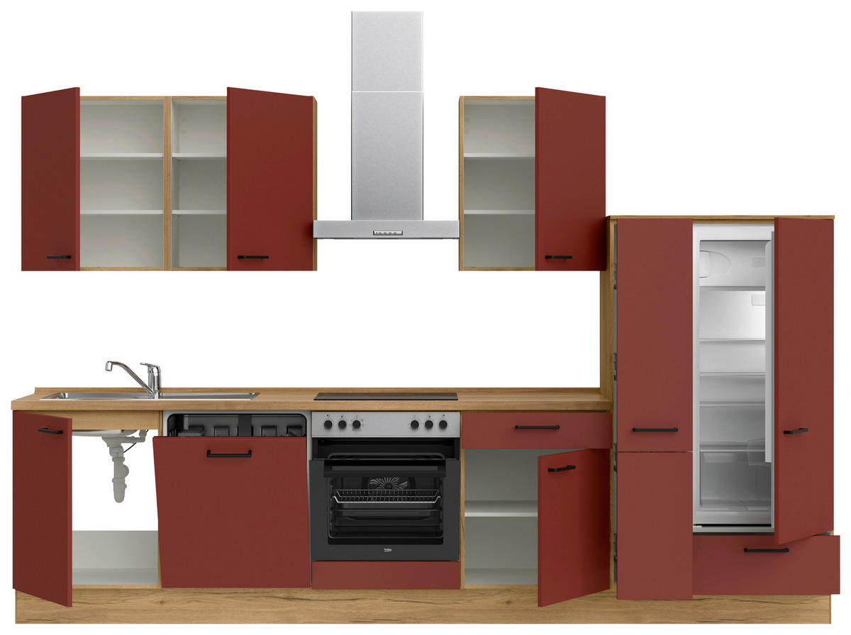 KÜCHENBLOCK 330 cm   in Eichefarben, Dunkelrot  - Eichefarben/Schwarz, MODERN, Holzwerkstoff/Metall (330cm) - Nobilia