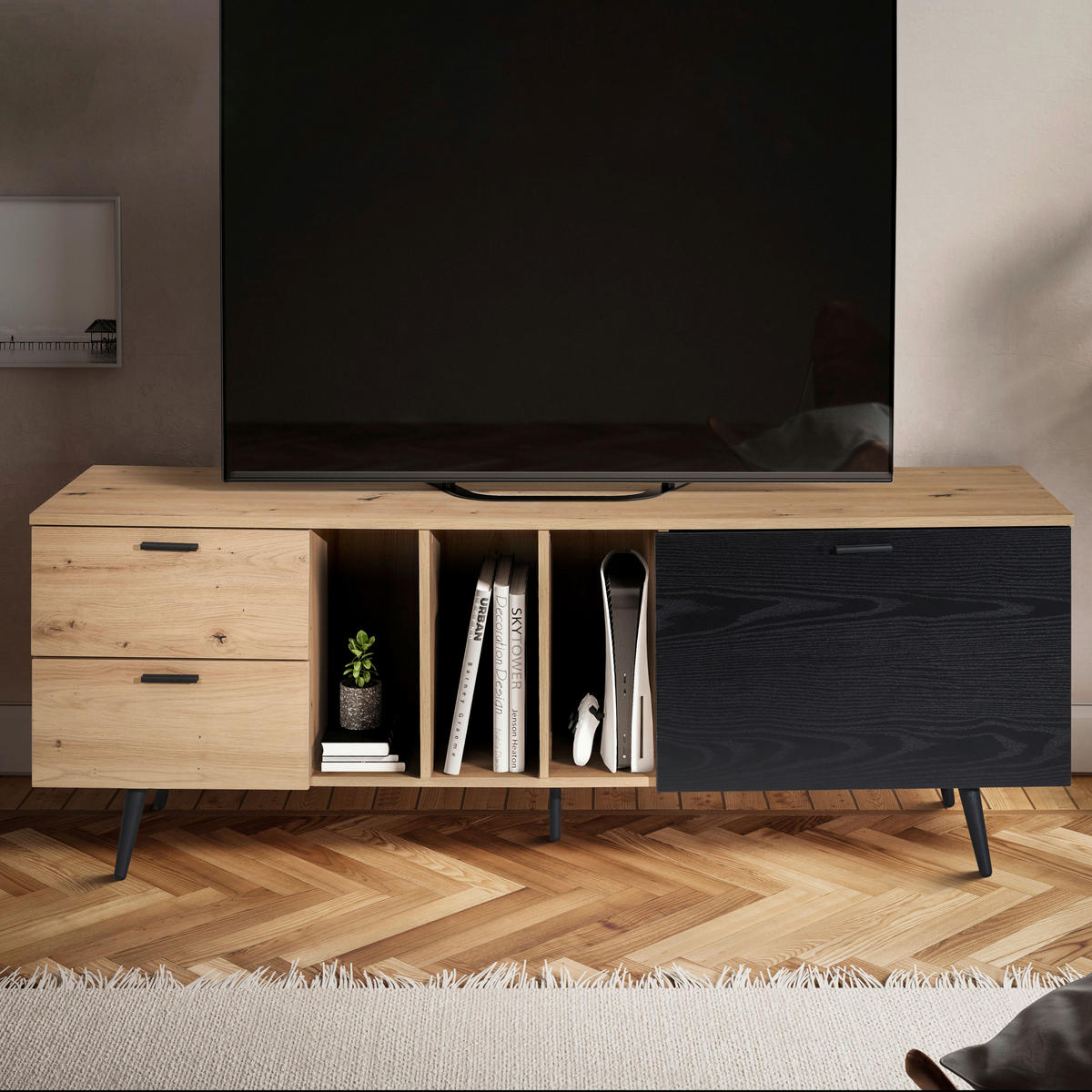 NIZKA OMARICA črna, barve hrasta  - črna/barve hrasta, Design, kovina/leseni material (150/55/40cm) - Livetastic