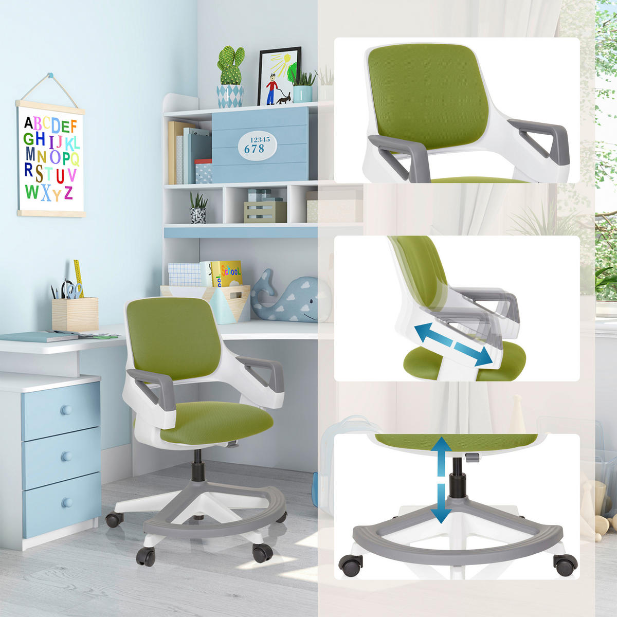 OTOČNÁ ŽIDLE PRO MLÁDEŽ, olivově zelená - šedá/bílá, Moderní, textil/plast (53/80 - 93/60cm) - MID.YOU