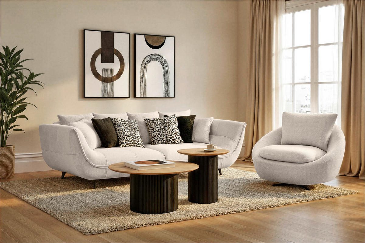 BIGSOFA Flachgewebe Creme, Schwarz, Weiss  - Weiss/Dunkelbraun, Design, Textil/Metall (275/80/123cm) - Stylife