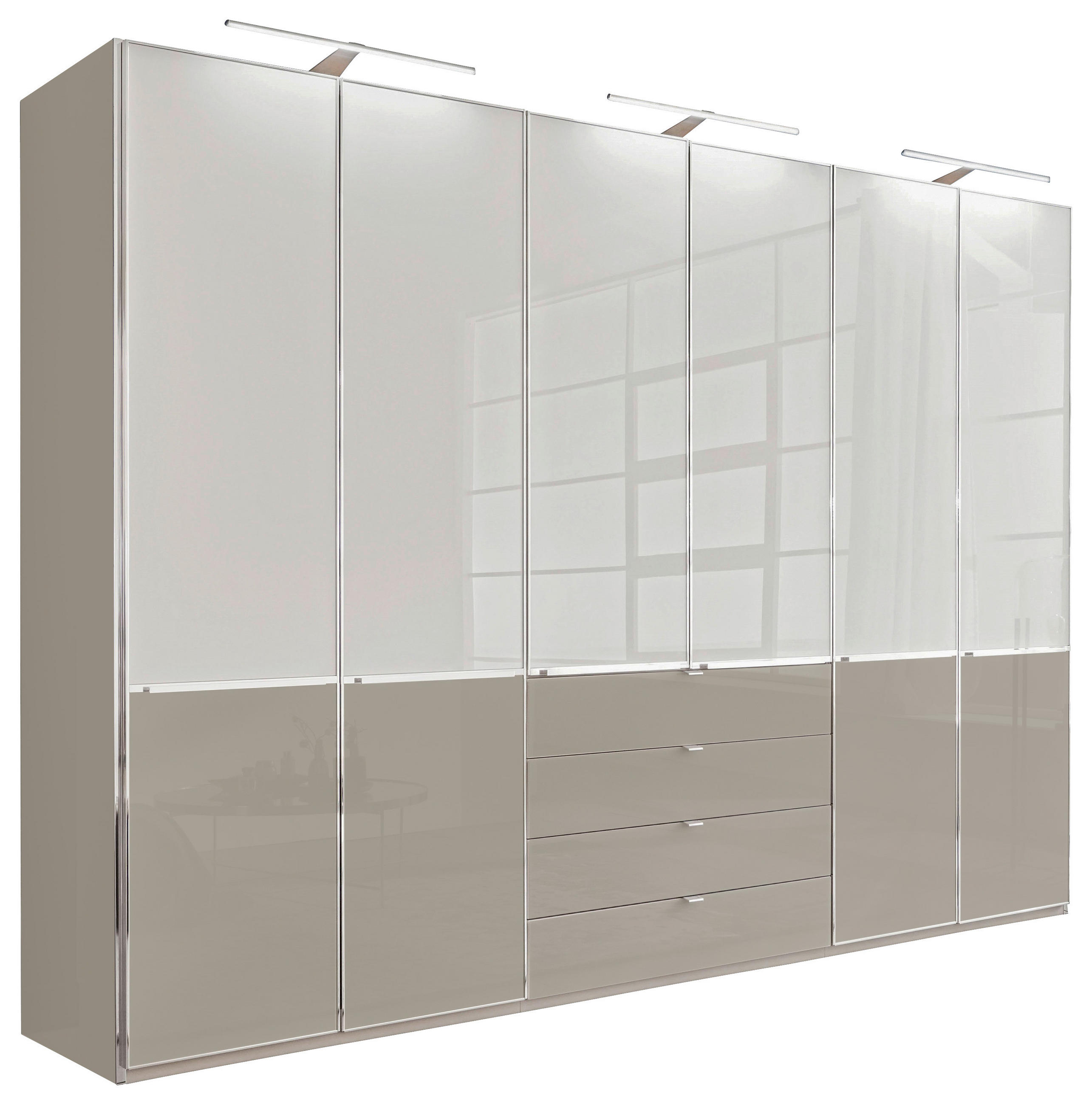 DREHTÜRENSCHRANK in Grau, Weiss  - Chromfarben/Weiss, Modern, Glas/Holzwerkstoff (300/216/58cm) - Novel