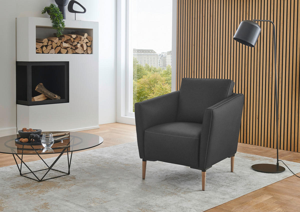 SESSEL in Echtleder Anthrazit  - Eichefarben/Anthrazit, Natur, Leder/Holz (75/84/76cm) - Valnatura