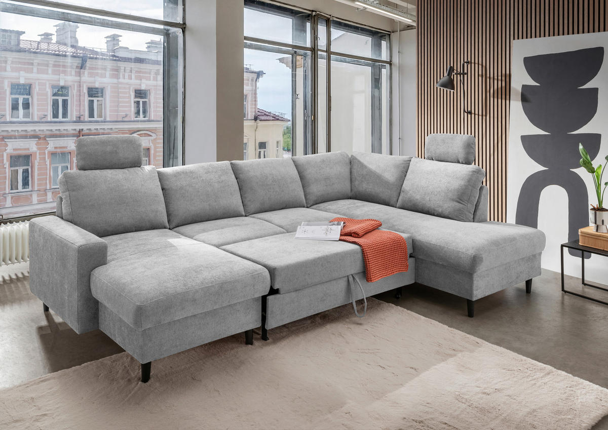 WOHNLANDSCHAFT Grau Chenille  - Schwarz/Grau, MODERN, Holz/Textil (153/305/200cm) - Livetastic