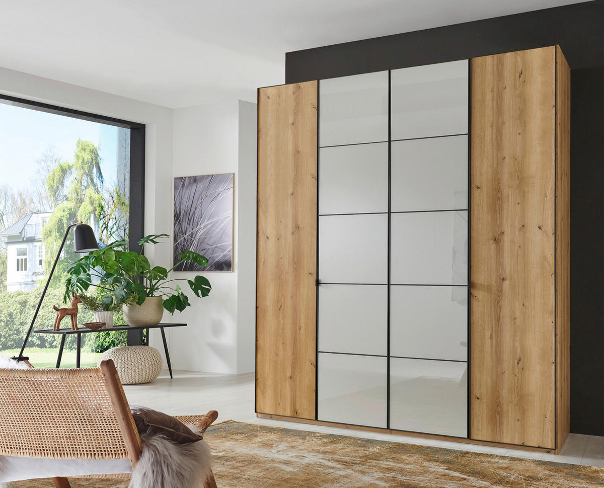 DREHTÜRENSCHRANK in Champagner, Eiche Bianco  - Schieferfarben/Eiche Bianco, Modern, Glas/Holzwerkstoff (200/216/58cm) - Novel