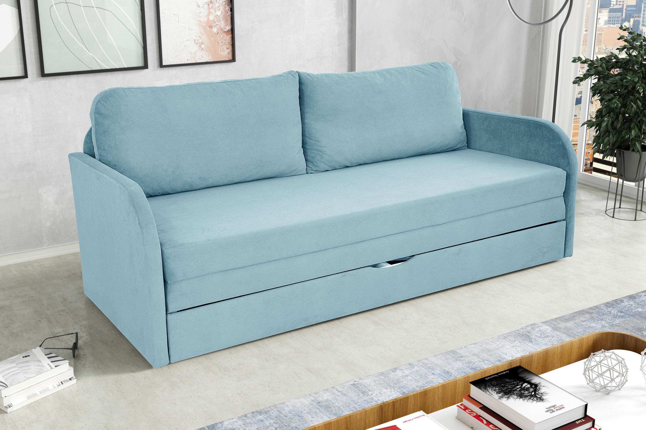 SCHLAFSOFA Flachgewebe Hellblau  - Schwarz/Hellblau, Design, Kunststoff/Textil (203/77/86cm) - MID.YOU
