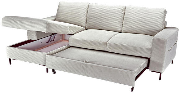 ECKSOFA Naturfarben Cord Rückenkissen, Bettkasten, Schlaffunktion, Rücken echt, Liegefläche im Originalstoff  - Schwarz/Naturfarben, KONVENTIONELL, Textil/Metall (150/240cm) - Carryhome