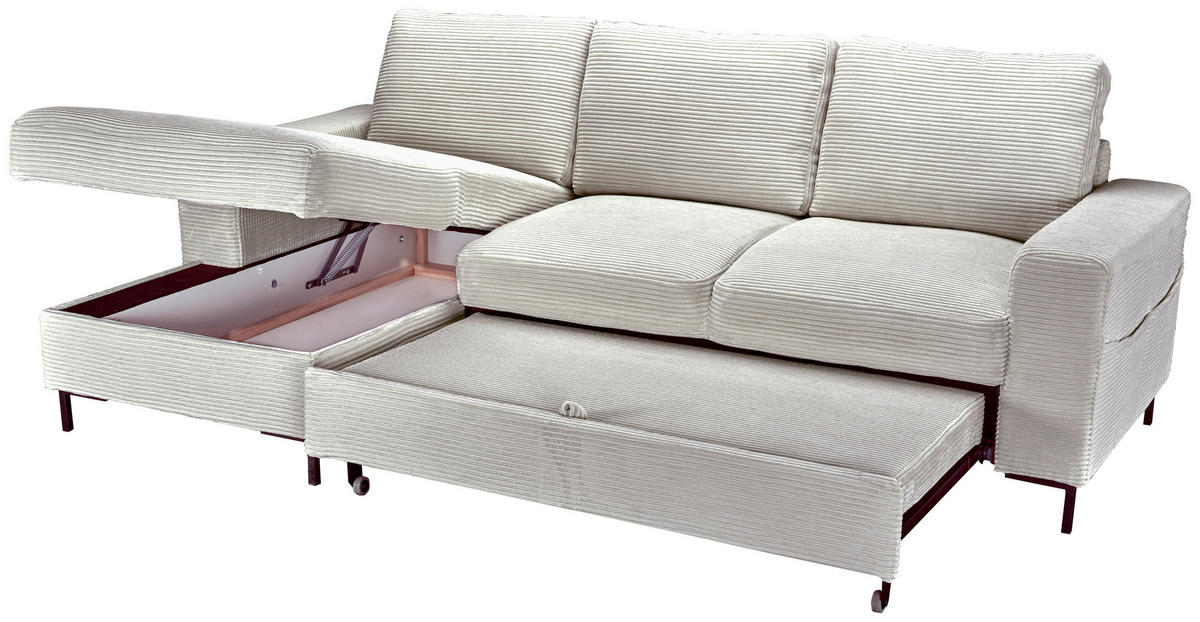 ECKSOFA Naturfarben Cord Rückenkissen, Bettkasten, Schlaffunktion, Rücken echt, Liegefläche im Originalstoff  - Schwarz/Naturfarben, KONVENTIONELL, Textil/Metall (150/240cm) - Carryhome