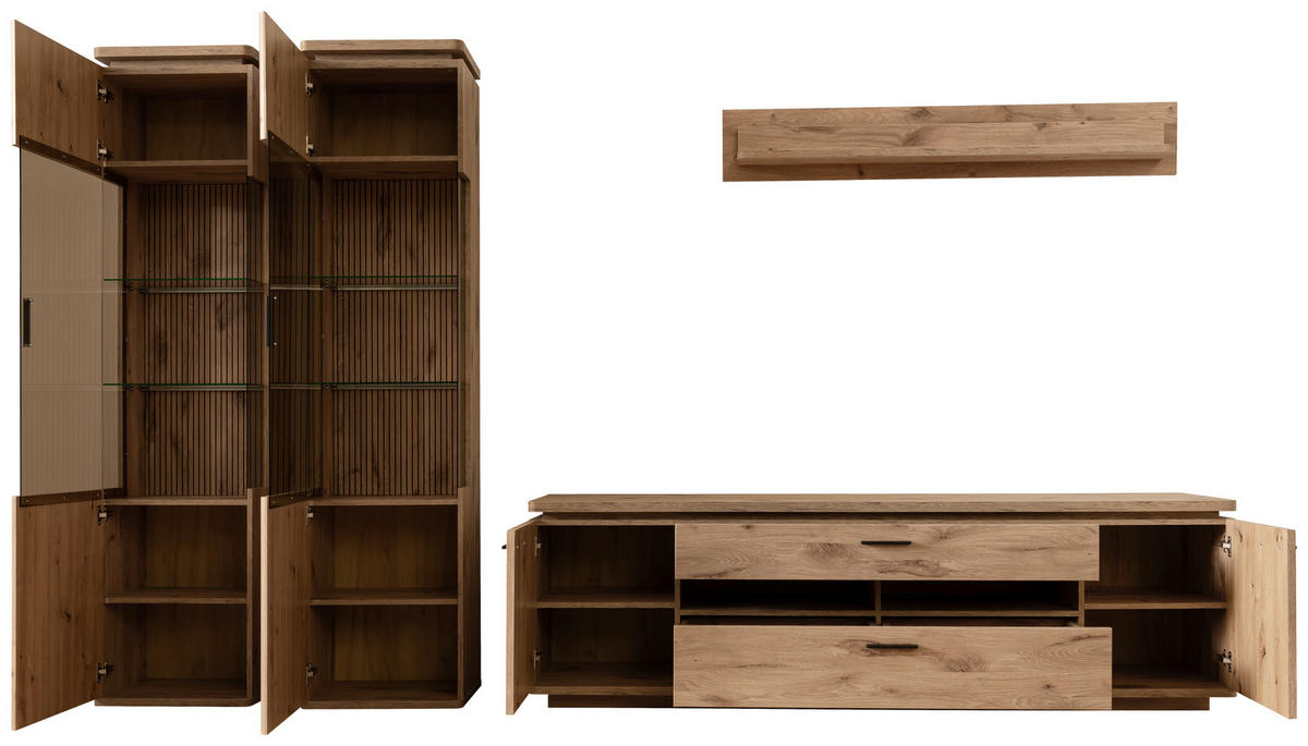 WOHNWAND 4-teilig  in Eichefarben  330/208/50 cm  - Eichefarben/Anthrazit, KONVENTIONELL, Glas/Holzwerkstoff (330/208/50cm) - Cantus