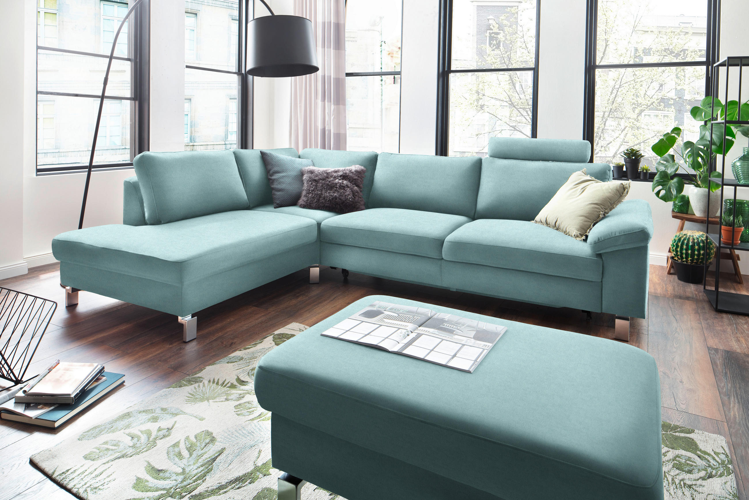ECKSOFA in Velours Blau  - Chromfarben/Blau, Design, Textil/Metall (200/282cm) - Pure Home Lifestyle