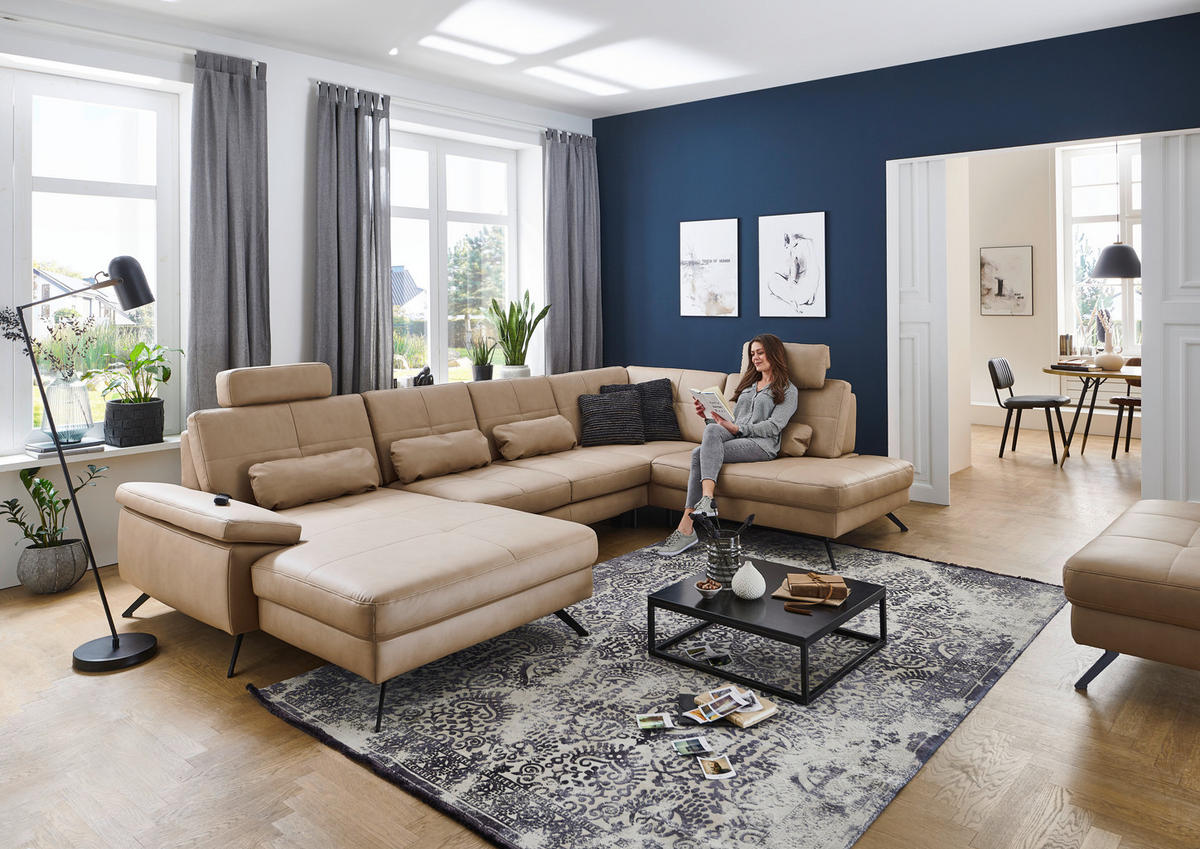 WOHNLANDSCHAFT in Lederlook, Mikrofaser Hellbraun, Haselnussfarben  - Hellbraun/Schwarz, Design, Textil/Metall (345/220cm) - Beldomo System