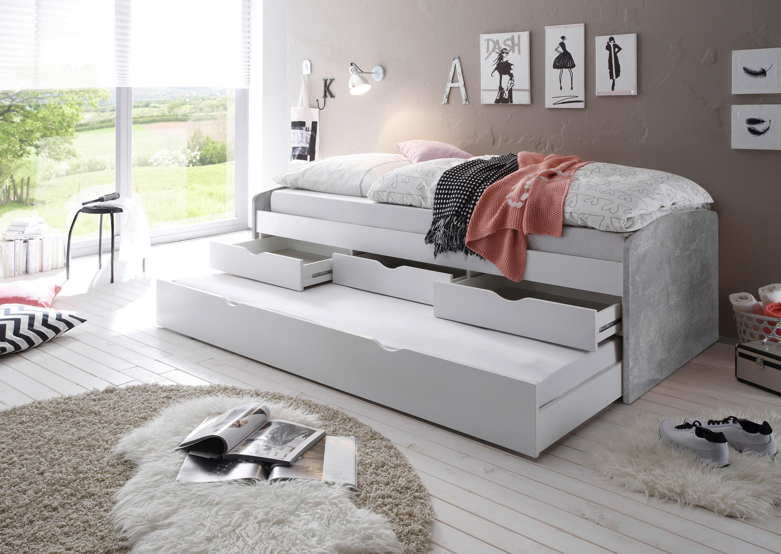AUSZIEHBETT 90/200 cm Grau, Weiss  - Weiss/Schwarz, Konventionell, Holzwerkstoff/Kunststoff (90/200cm) - MID.YOU