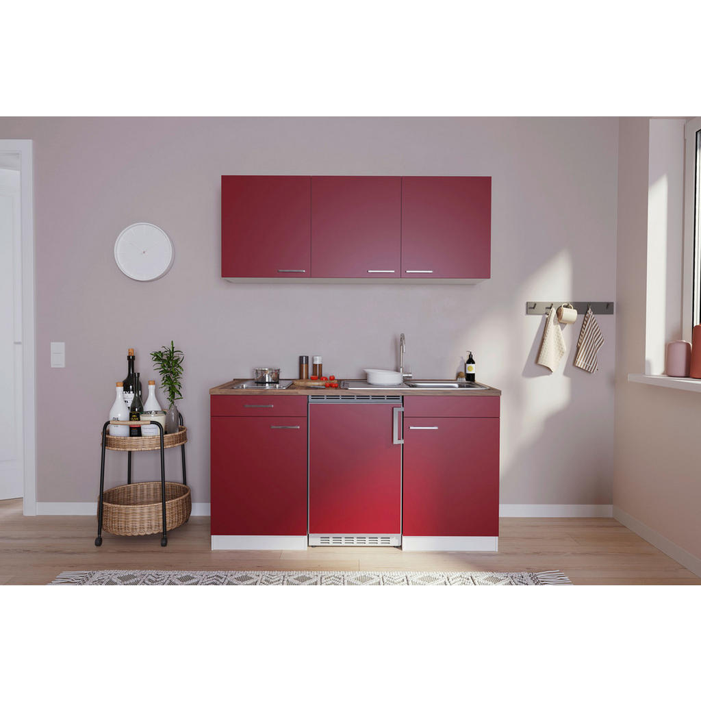Miniküche Economy mit Geräten 150 cm Rot/ Nussbaum Dekor