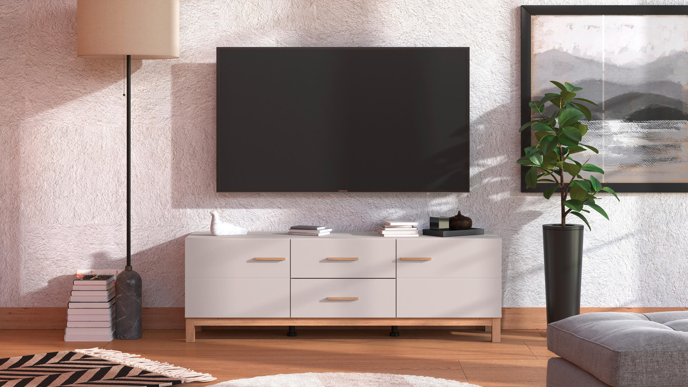 KOMODA POD TELEVIZI, kašmírová, dub artisan, 154/50,5/41,5 cm - kašmírová/dub artisan, Basics, kompozitní dřevo/plast (154/50,5/41,5cm) - Hom`in