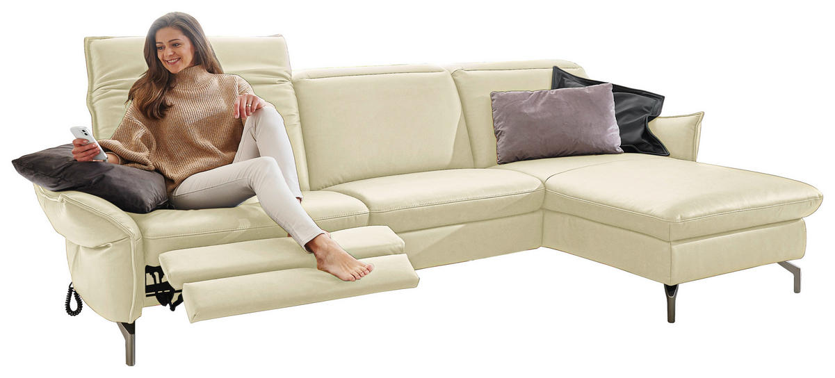 ECKSOFA in Echtleder Creme  - Creme/Nickelfarben, Modern, Leder/Metall (233/179cm) - Livetastic