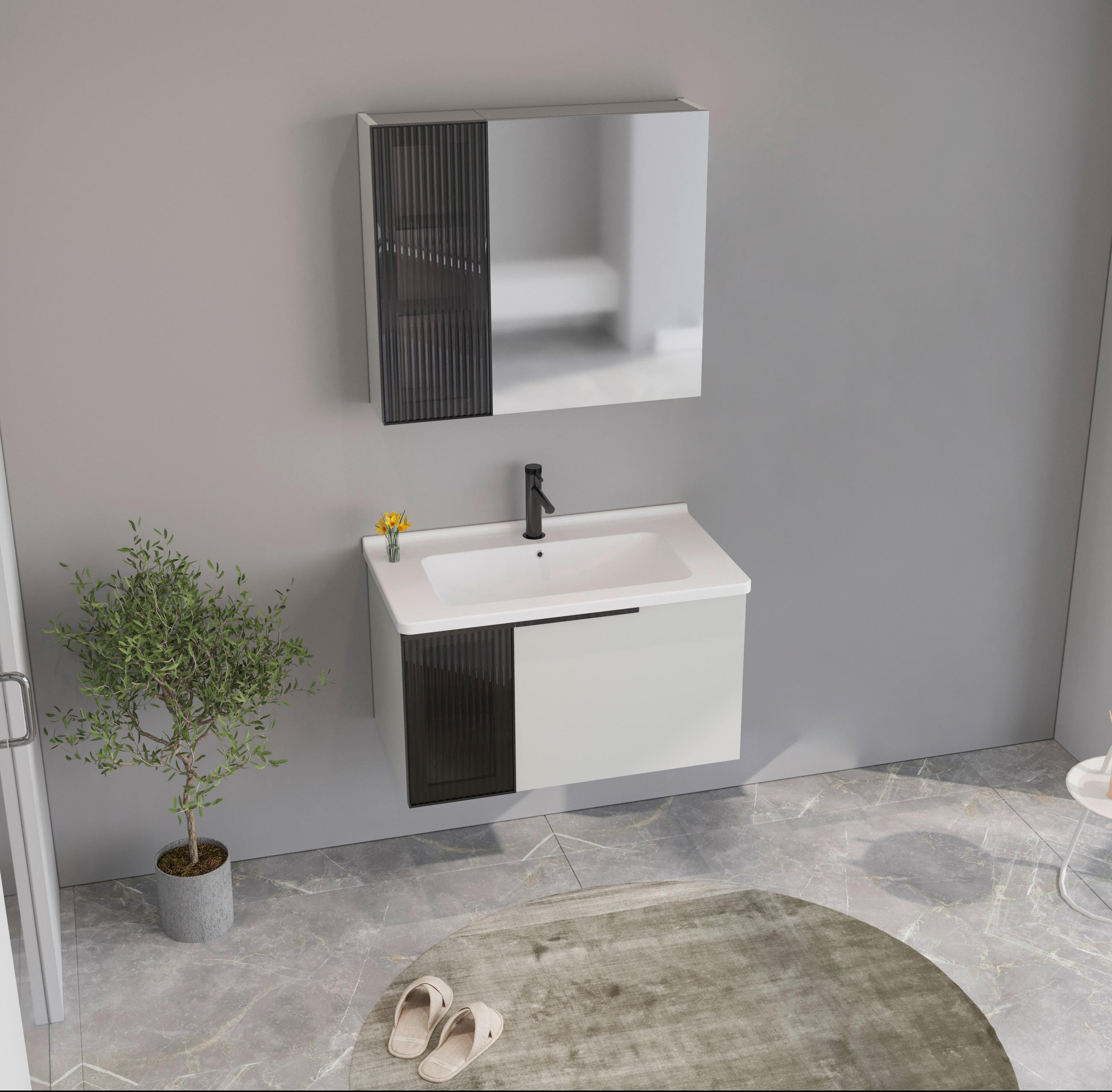 BADEZIMMER 3-teilig  in  - Weiß Hochglanz/Beige, MODERN, Glas/Holz (80/114/45cm) - MID.YOU