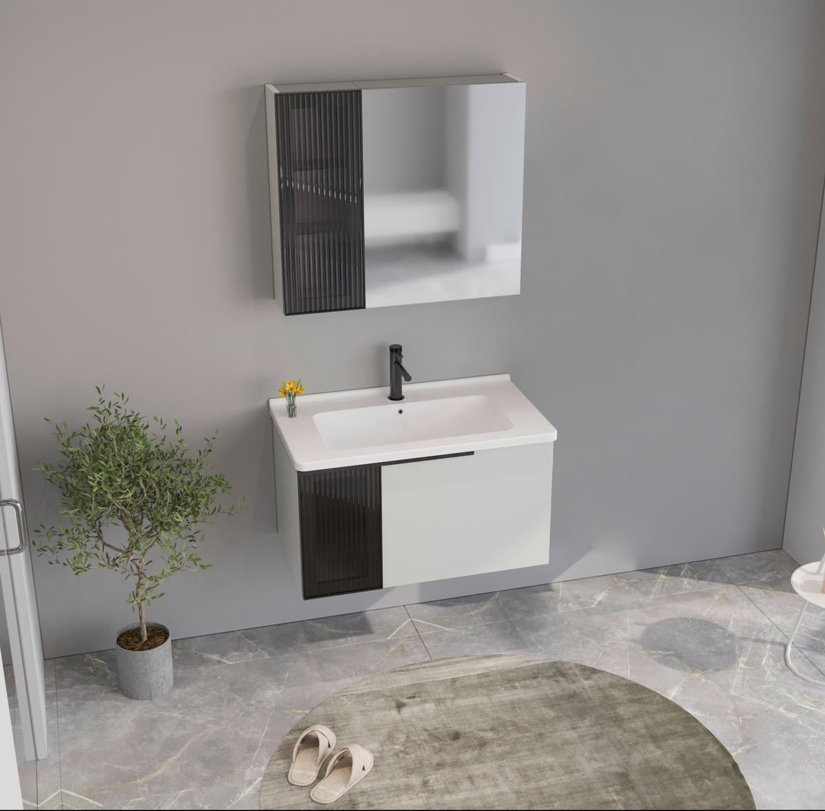 BADEZIMMER 3-teilig  in  - Weiß Hochglanz/Beige, MODERN, Glas/Holz (80/114/45cm) - MID.YOU