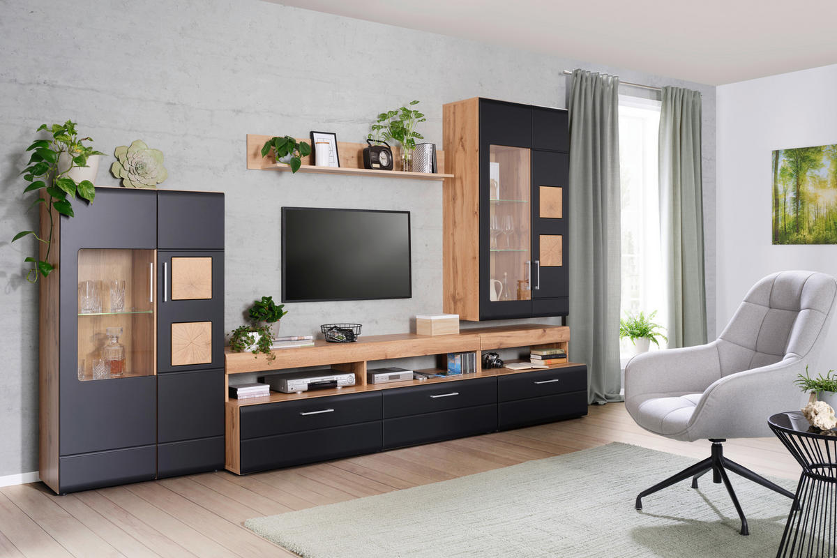 SET MOBILA LIVING in negru, culoare lemn stejar  - culoare crom/culoare lemn stejar, Konventionell, sticlă/metal (330/208/52cm) - Hom`in