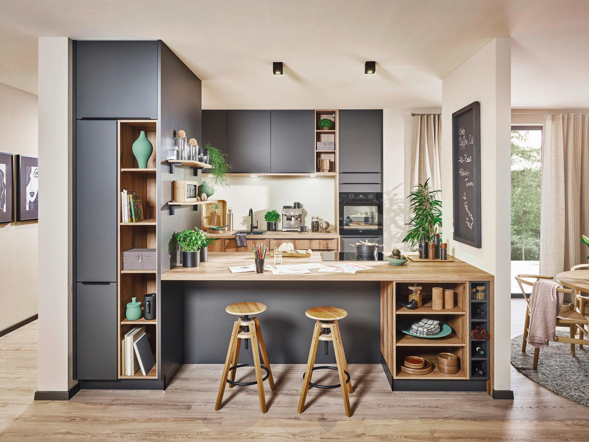 EINBAUKÜCHE   - Graphitfarben, Design, Holzwerkstoff - Xora