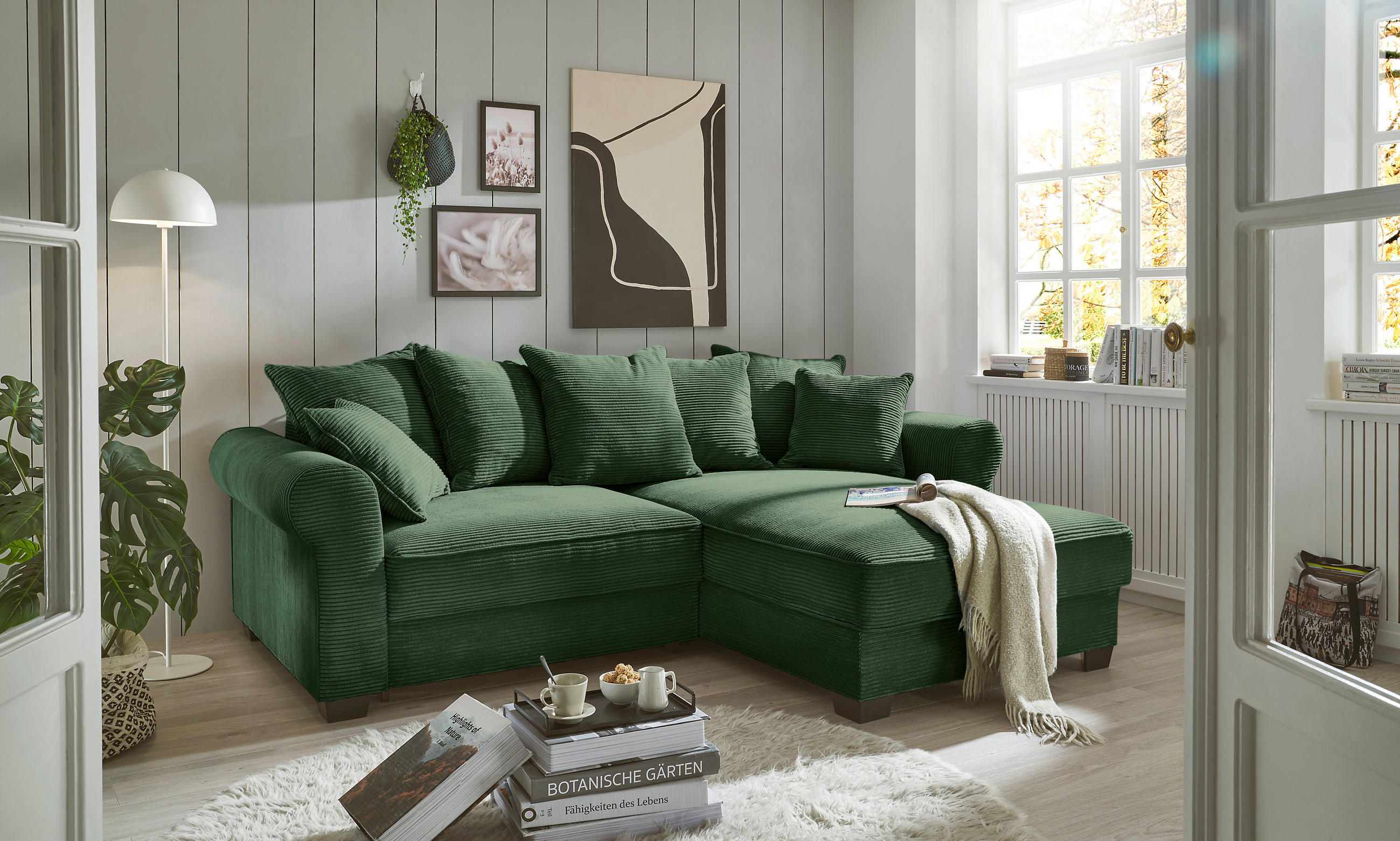 ECKSOFA Dunkelgrün Cord  - Dunkelgrün/Schwarz, KONVENTIONELL, Kunststoff/Textil (255/185cm) - Hom`in